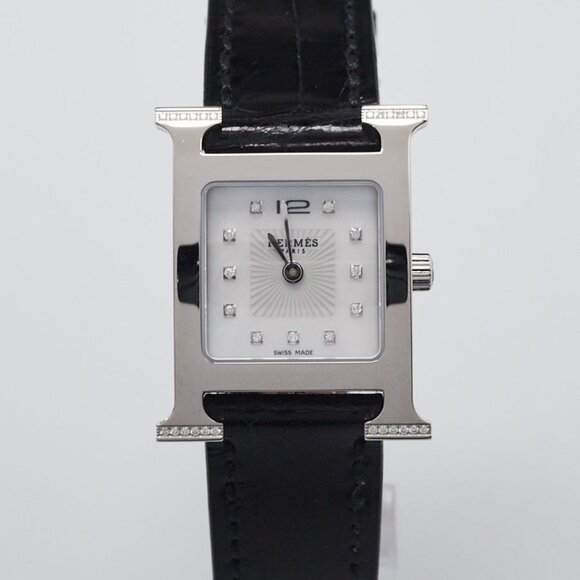 Hermes 25mm Black Alligator Stainless Steel And Diamond Heure H Quartz Watch - Picture 1 of 9